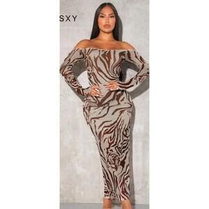 Shein SXY Dress Womens Medium Brown Beige Off Shoulder Backless Maxi Bodycon